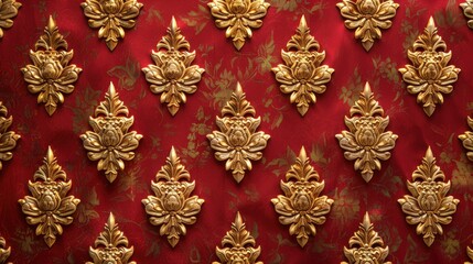 Poster - Elegant ornamental design with golden floral motifs on vibrant red background, showcasing intricate craftsmanship and cultural heritage for decor and art