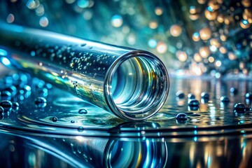 Poster - Aerial View of a Blurry Glass Tube with Water Droplets Capturing the Essence of Fluidity and Refraction in Nature's Beautiful Design
