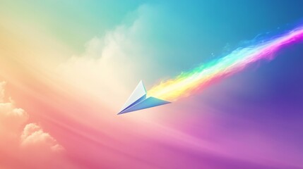 Poster - Creative rainbow paper airplane soaring in dreamy sky digital art vivid colors ethereal atmosphere