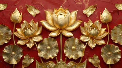 Poster - Elegant Gold Lotus Flowers Design on Deep Red Background for Decorative Art and Home Interior Inspiration
