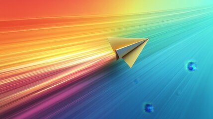 Poster - Dynamic paper airplane soaring through colorful abstract background digital art vibrant environment creative concept