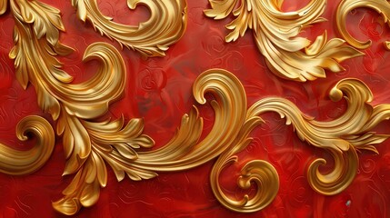 Poster - Ornate Golden Flourishes on Red Background Creating an Elegant and Luxurious Design Perfect for Rich Decorative Themes and Artful Touches