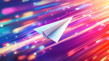 Poster - Dynamic flight of a paper airplane colorful light trails digital art abstract environment close-up view creativity unleashed