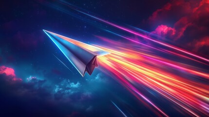 Poster - Dynamic paper airplane launch sky digital art futuristic aerial view motion and speed concept