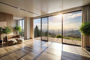 Poster - Aerial View of a Minimalist Empty Room with a Balcony Door, Showcasing Spaciousness and Natural Light in a 3D Rendering for Interior Design Inspiration