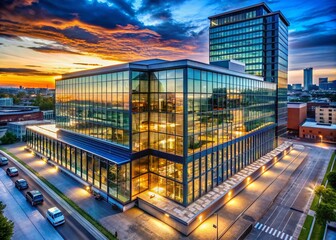 Poster - Aerial View of a Modern Industrial Building Featuring a Sleek Glass Facade, Showcasing Contemporary Architecture and Urban Design in a Dynamic Cityscape Setting