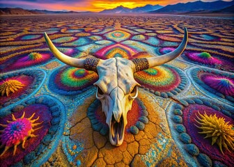 Poster - Aerial View of a Psychedelic Longhorn Skull Amidst Vibrant Desert Landscape with Colorful Patterns and Intricate Details, Captured by Drone Photography for Artistic Exploration