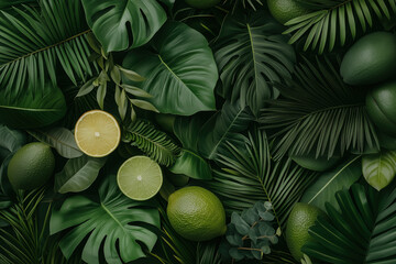 Background of lush, green tropical leaves and limes, creating an exotic atmosphere for product display