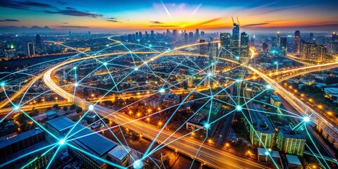 Poster - Aerial View of Abstract Digital Lines and Pixels Representing Global Data Connections and Network Technology for Innovative Communication in Modern Digital Landscape