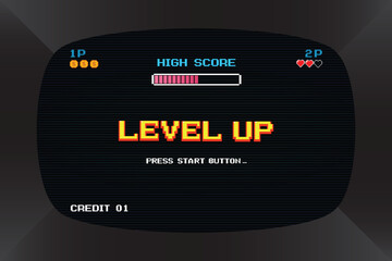 Poster - level up. pixel art .8 bit game. retro arcade game machine. screen background. vector illustration.
