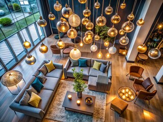 Poster - Aerial View of Bold Interiors with Creative Hanging Lighting, Showcasing Unique Design Elements and Atmosphere for Stunning Wallpaper and Background Concepts