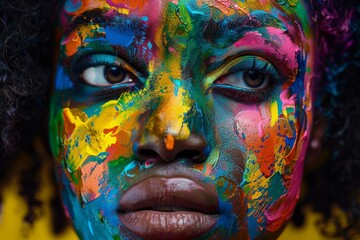 Poster - A close-up portrait of a woman with colorful paint on her face, A face with exaggerated features and bright colors