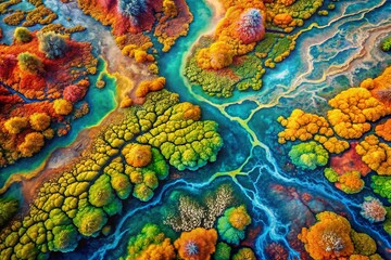 Poster - Aerial View of Reaction Diffusion Patterns: A Scientific Exploration of Organic Growth in Turing System Dynamics with Abstract Colorful Patterns and Natural Textures