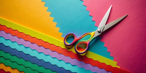 Poster - Aerial View of Scissors Cutting Through Colorful Paper on a Zig Zag Line, Showcasing Creative Crafting Techniques and Artistic Expressions in Vibrant Colors