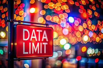 Poster - Animated Red Signboard Indicating Data Limit with Bokeh Effect, Emphasizing Digital Connectivity and Technology Challenges in a Modern Context
