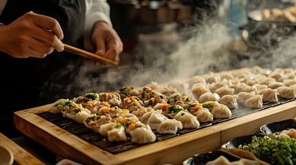 Wall Mural - A close-up shot of steaming hot dumplings filled with pork and vegetables, arranged neatly on a wooden tray 