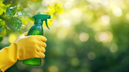 A hand in a yellow glove holding a green spray bottle with an eco-friendly cleaning solution against a blurred nature background