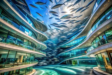 Poster - Architectural Photography Featuring a Shoal of Fish Theme in a Modern Building Design with Fluid Lines and Organic Forms for Innovative Aquatic Aesthetics