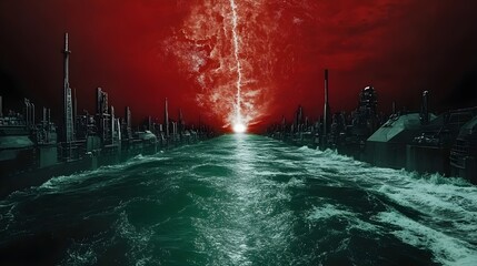 Poster - Apocalyptic event over dark waters futuristic cityscape digital art ominous atmosphere wide view