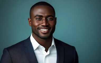 Portrait of a smiling, confident African American businessman in a suit, studio background