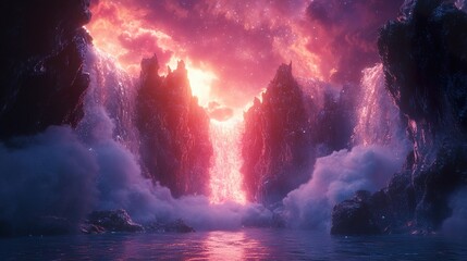 Sticker - Otherworldly Waterfall: A Surreal Pink and Purple Cosmic Landscape