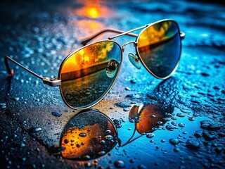 Poster - Aviator Sunglasses Resting in Dark Blue Cement with Reflections and Texture, Capturing a Unique Moment of Contrast in a Candid Photography Style