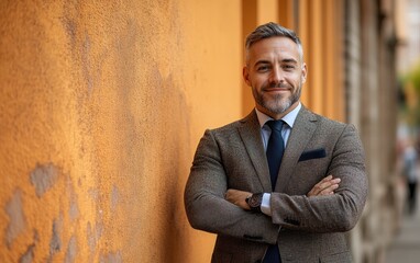 confident businessman with a suit and a smile in a office background, he looking at the camera
