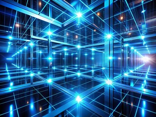 Poster - Blue Neon Space, 3D Render, Sci-Fi Background, Electronic Light Lines, Abstract Art, Futuristic Design, Digital Art,  Cyberpunk, Glowing Lines,  Rule of Thirds Composition