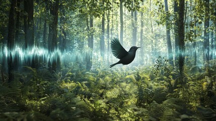 Poster - Sound waves radiate through a calm forest scene nature photography vibrant ecosystem tranquil atmosphere