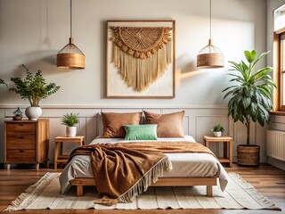Poster - Boho Style Bedroom with Wooden Blank Wall Art Frame Mockup, Minimalistic Brown Decor Against a White Wall – Perfect for Documenting Cozy Interiors