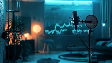 Poster - Modern dialogue recording setup with microphones in a stylish studio environment for audio enthusiasts