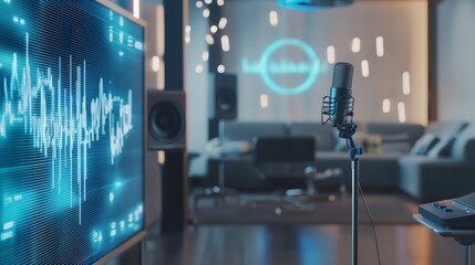 Poster - Dynamic audio recording setup with microphone and digital display in modern studio environment