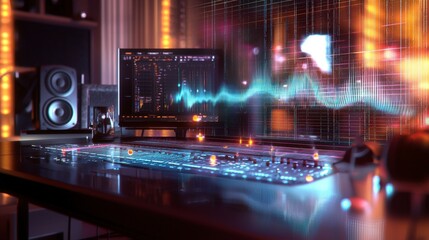 Poster - Dynamic audio production setup featuring visual waveforms and technology in modern studio environment
