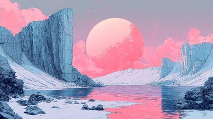 Wall Mural - Pink Moon over Serene Blue Landscape