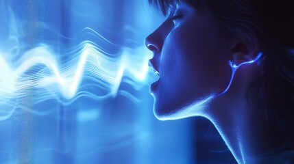 Poster - Vocalist expresses passion through sound waves studio setting close-up photography dramatic lighting artistic concept