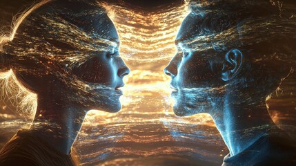 Poster - Articulating communication between two individuals digital realm closeup portrait ethereal environment intimate viewpoint