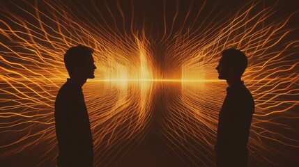 Poster - Dynamic glowing waves interacting with two silhouetted figures abstract art concept futuristic setting artistic viewpoint
