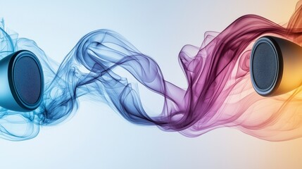 Poster - Dynamic color waves flowing between speakers at a sound art event in a modern studio environment