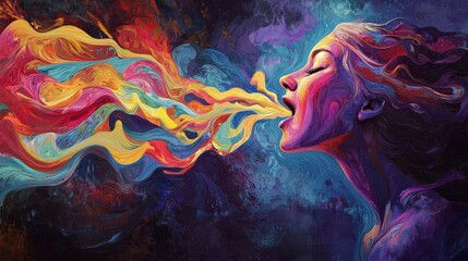 Poster - Vibrant waves of color flowing from a speaker's mouth surreal art abstract setting expressive viewpoint dynamic concept