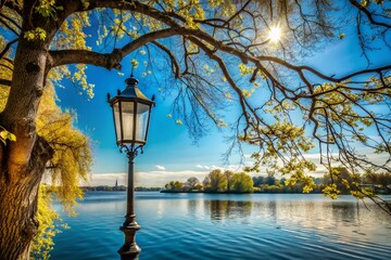 Poster - Branches Silhouetted Against a Bright Blue Sky with a Street Lamp, Reflected in a Calm Body of Water, Perfect for Nature and Urban Photography Themes