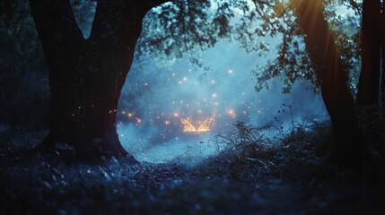 Poster - Soft rhythmic pulses of glowing light symbolizing enchantment forest photography dreamy mystical nighttime