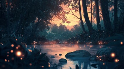 Aufkleber - Soft rhythmic pulses of glowing light enchanted forest nature scene tranquil waterway evening glow serenity and magic