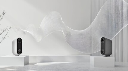 Poster - Sound waves and cultural patterns flowing between speakers in modern space abstract art minimalist environment