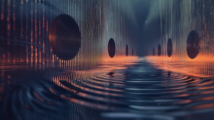 Poster - Sound waves and tonal shifts connecting speakers abstract digital art futuristic environment vibrant atmosphere