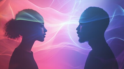 Poster - Engaging dialogue between two individuals abstract background digital art calm environment side view connection concept