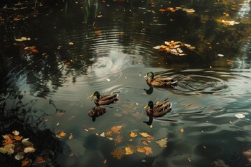 Poster - Three ducks swim in a pond with fall leaves on the surface, A family of ducks swimming in a pond