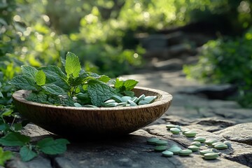 Wall Mural - Peppermint Herbal Remedy with Supplements in Nature Background