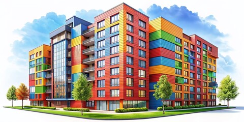 Poster - Brightly Colored Brick Building Tower Block Illustration on White Background Showcasing Modern Architectural Design and Vibrant Urban Aesthetics for Creative Projects