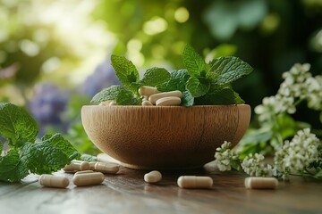 Wall Mural - Peppermint Supplement Capsules with Mint Leaves