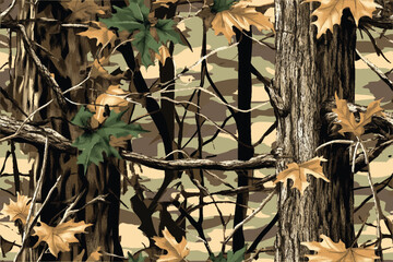 hunting camouflage design featuring a real tree forest seamless pattern
